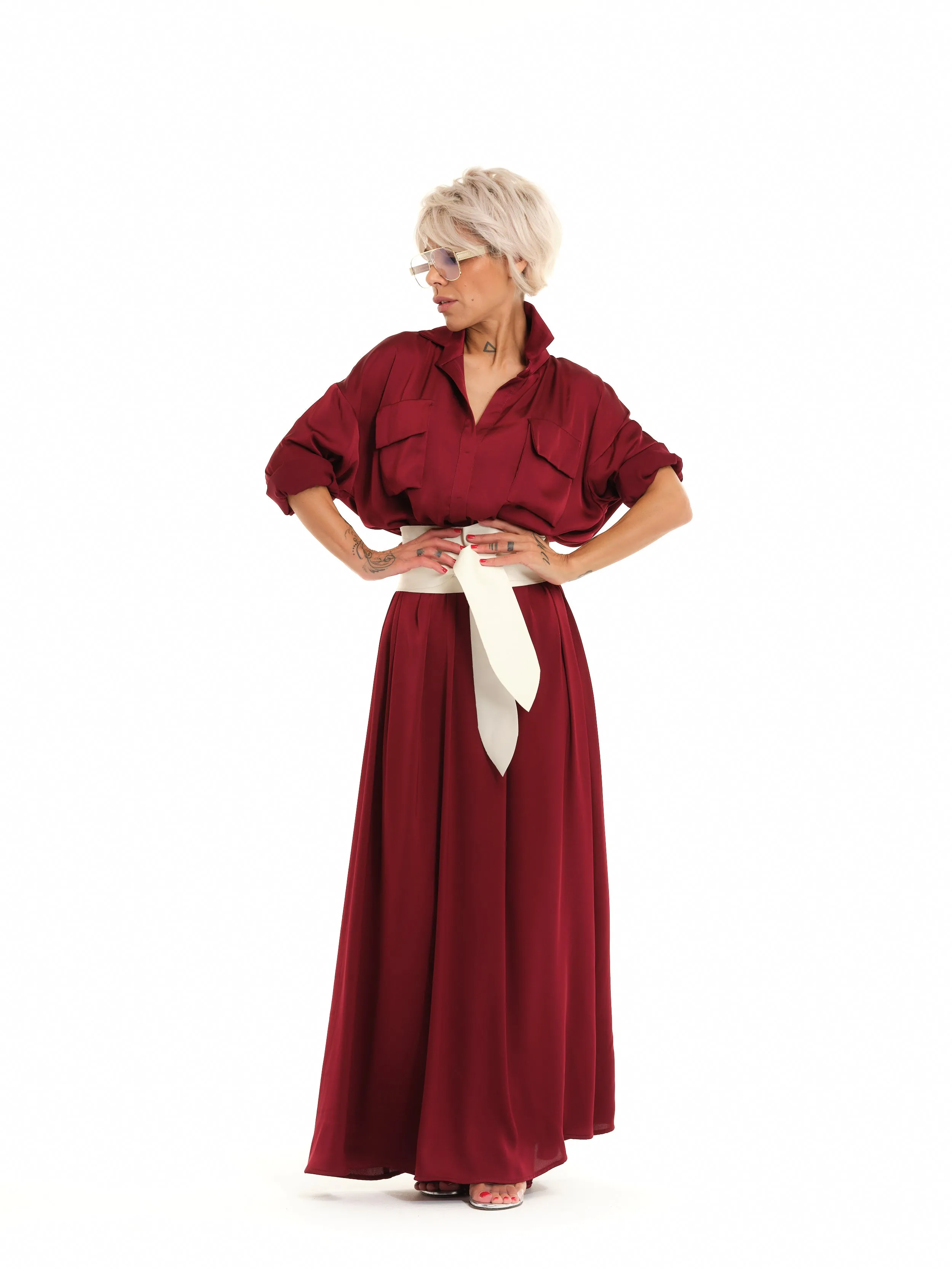 Red Belted Maxi Shirt Dress