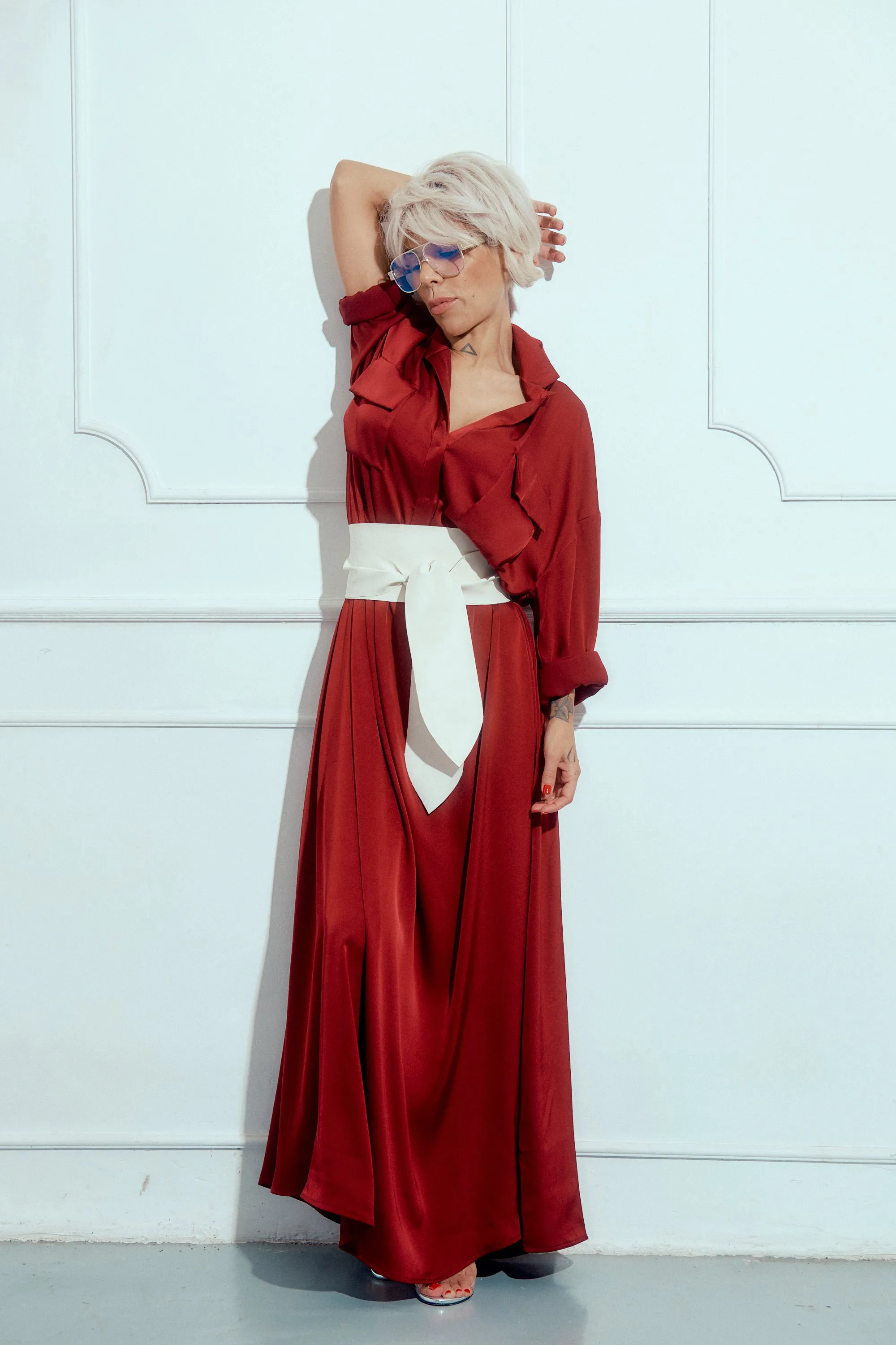 Red Belted Maxi Shirt Dress