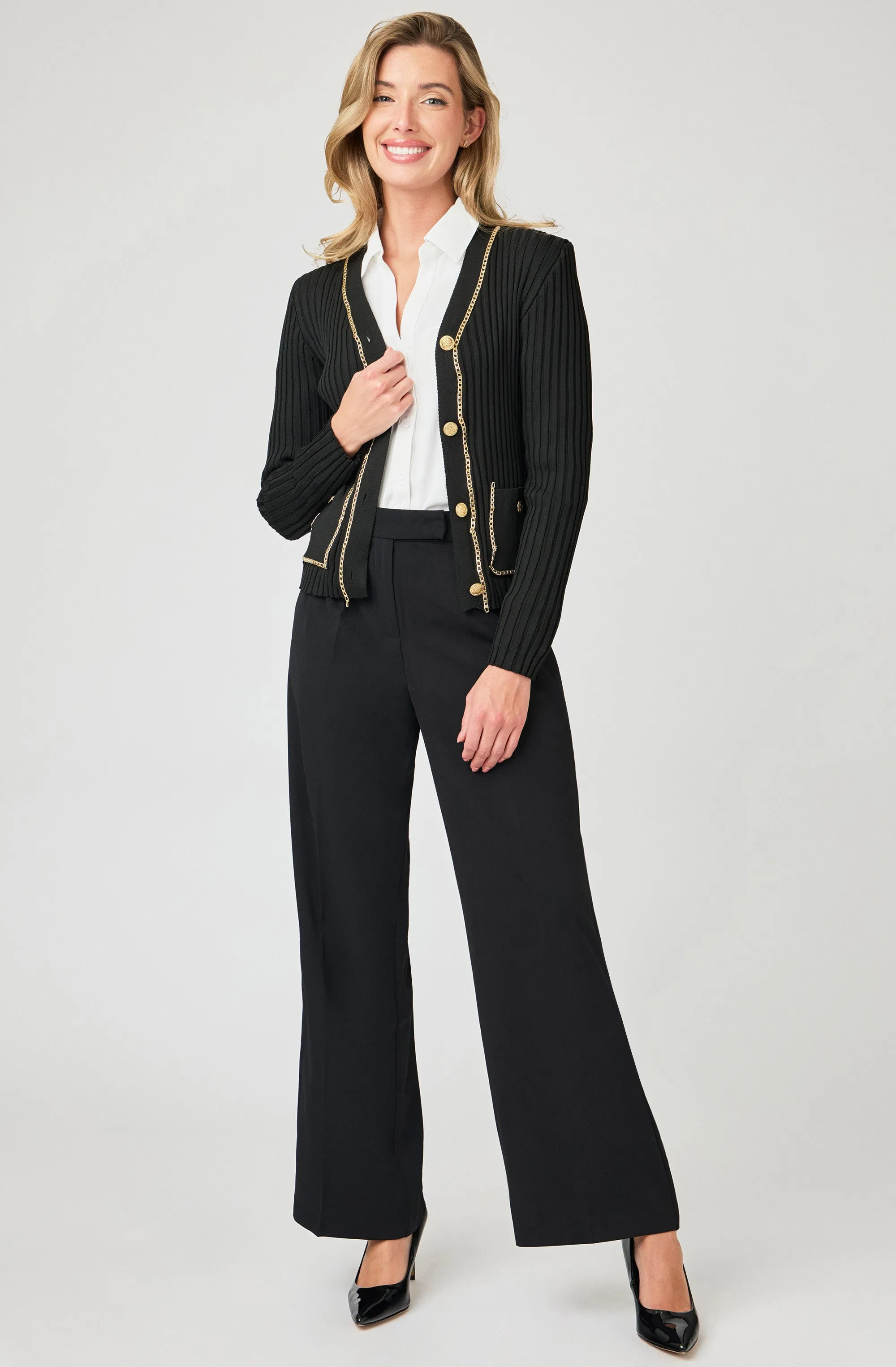Ribbed Knit Cardigan with Gold Chain Trim & Gold Buttons