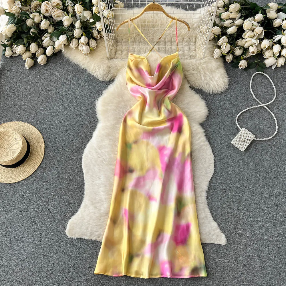Satin Tie-dye Crossover Halter Dress