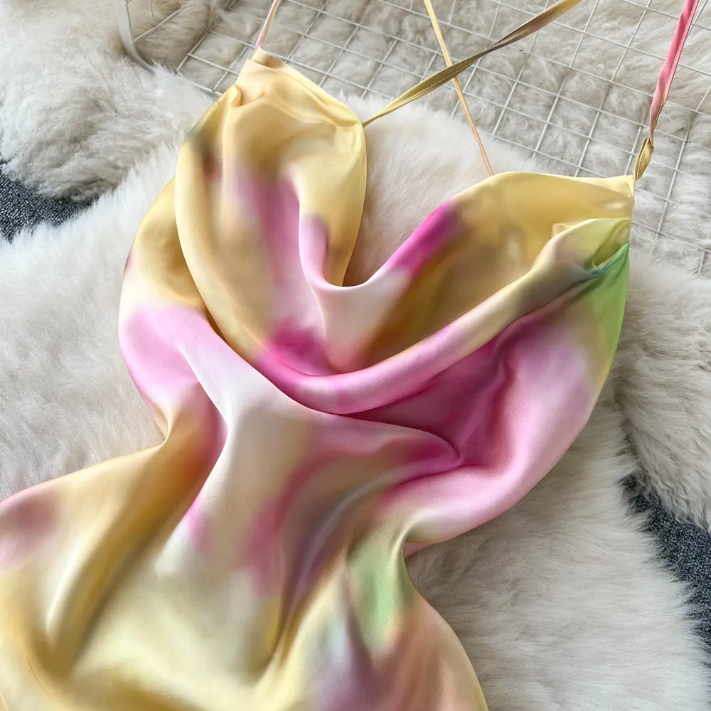 Satin Tie-dye Crossover Halter Dress