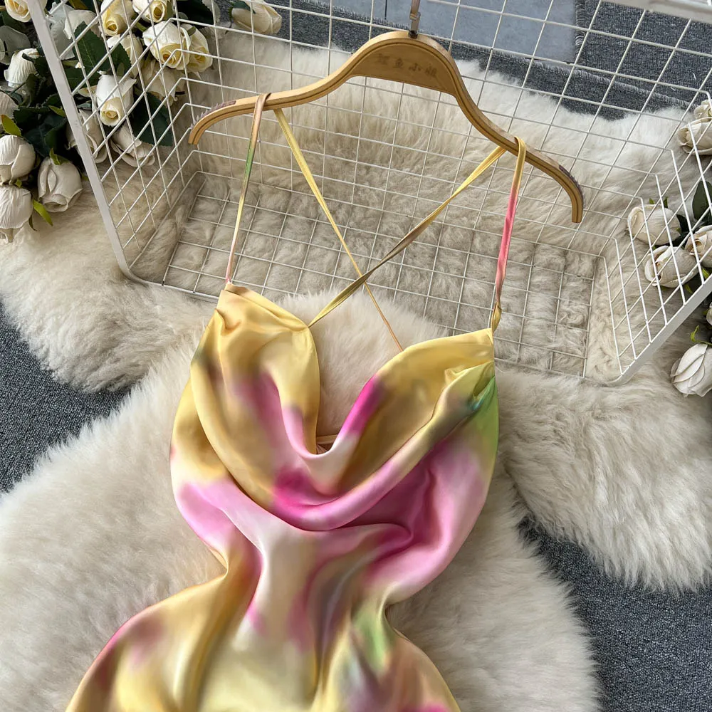 Satin Tie-dye Crossover Halter Dress