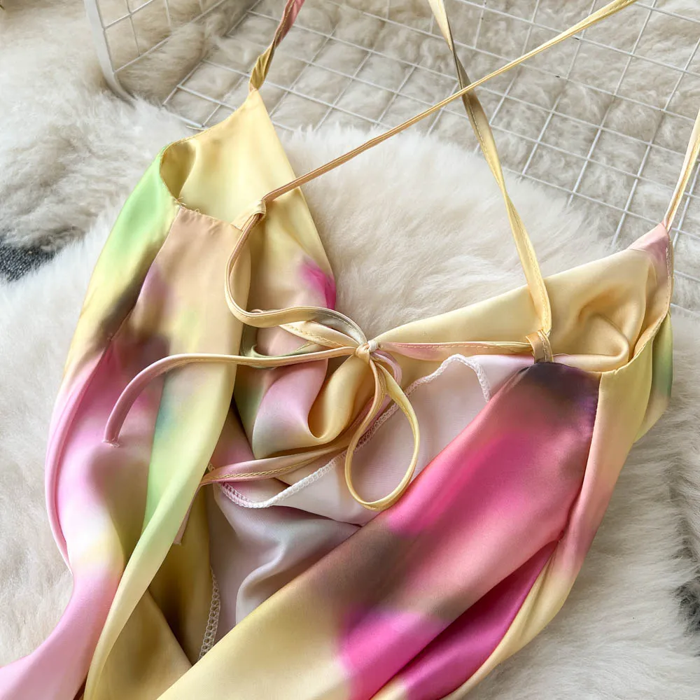 Satin Tie-dye Crossover Halter Dress
