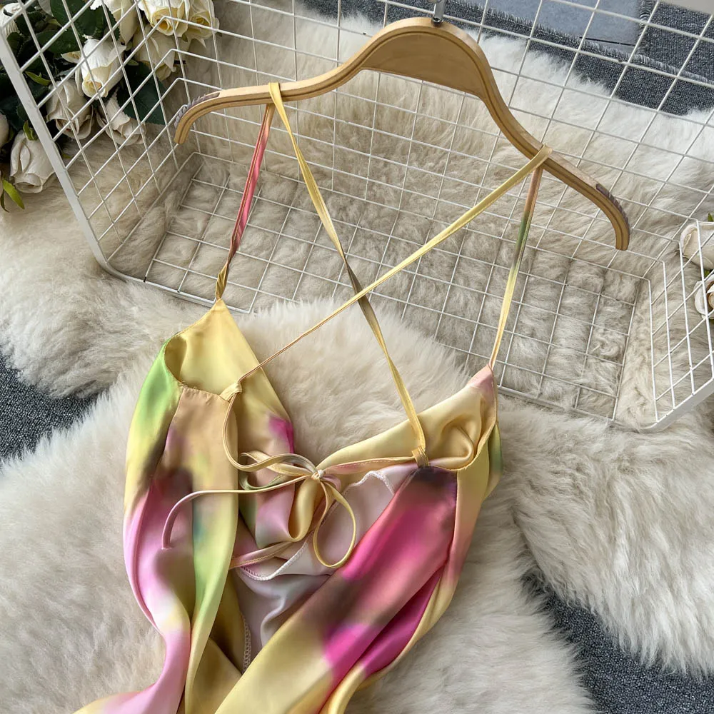 Satin Tie-dye Crossover Halter Dress