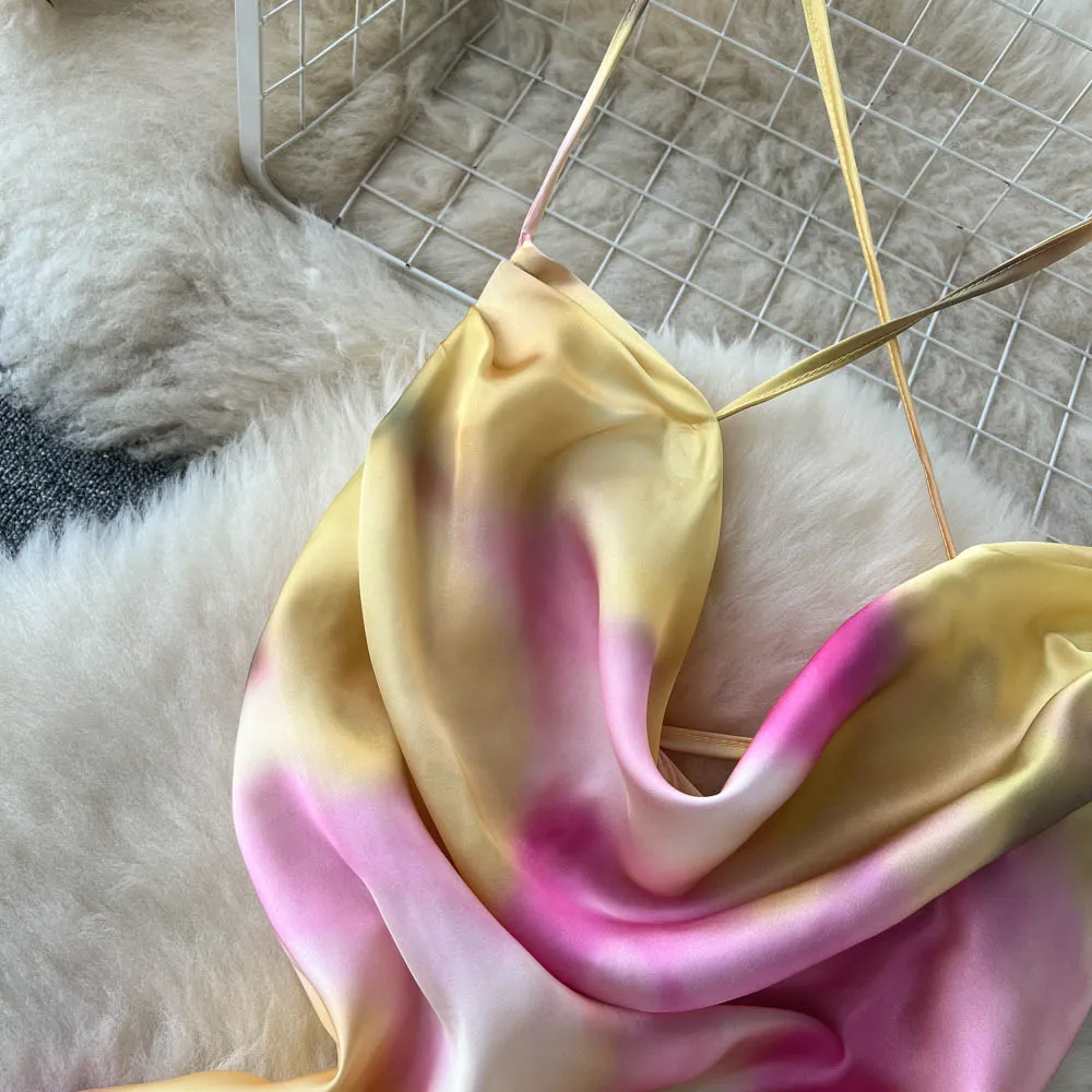 Satin Tie-dye Crossover Halter Dress