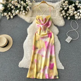 Satin Tie-dye Crossover Halter Dress