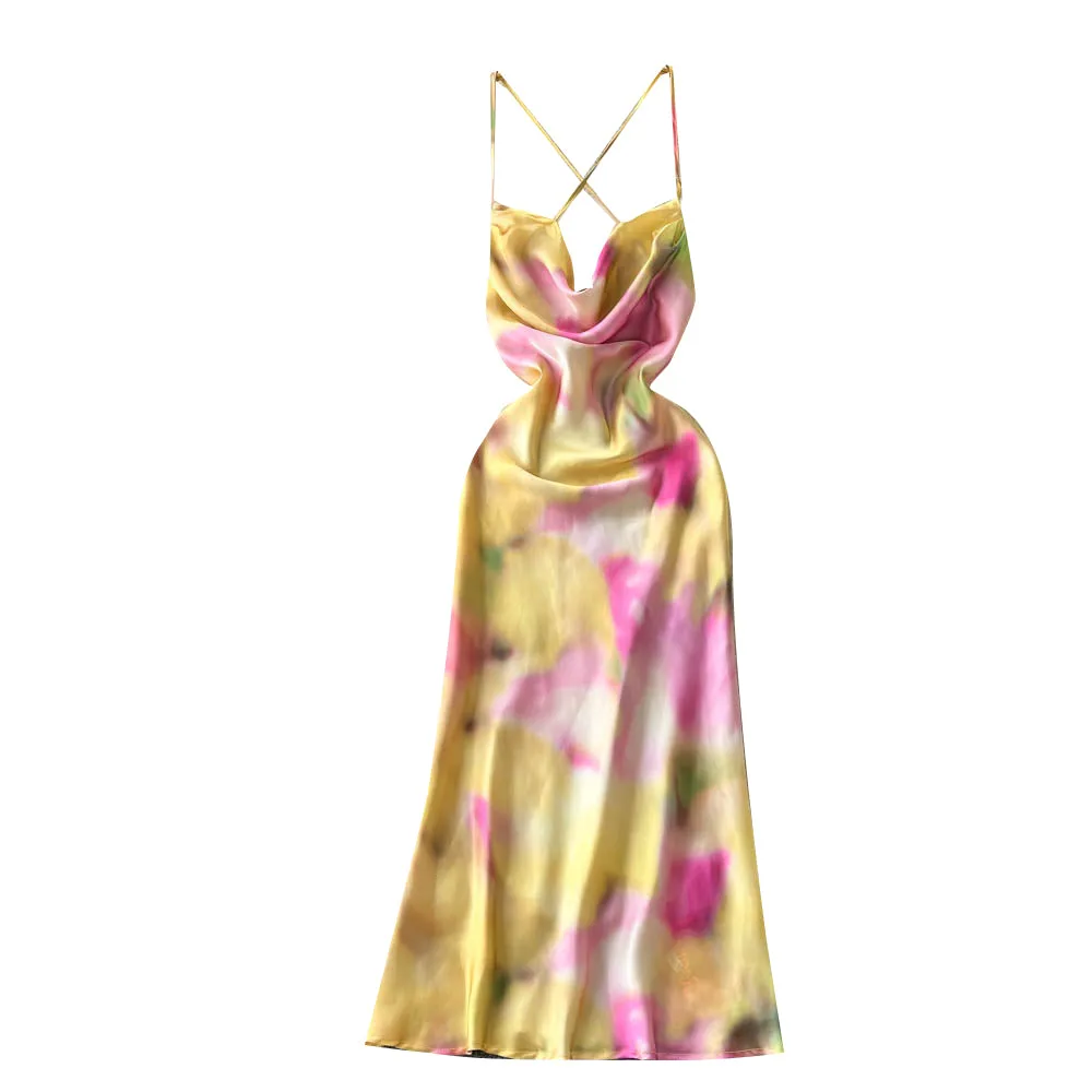 Satin Tie-dye Crossover Halter Dress