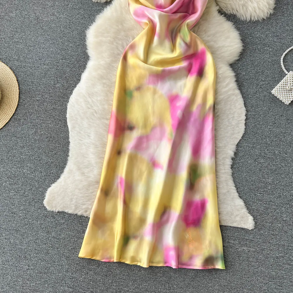Satin Tie-dye Crossover Halter Dress