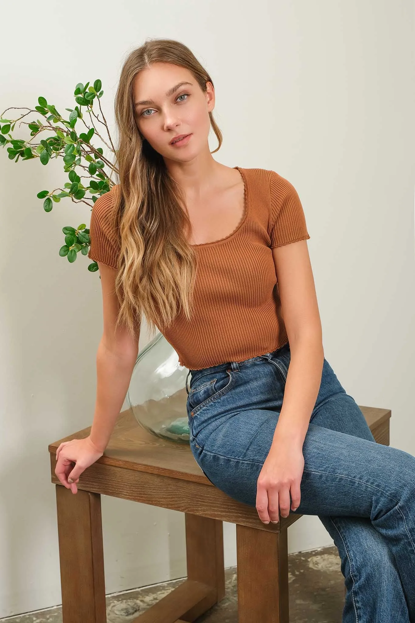 SCALLOP TRIM SHORT SLEEVE SWEATER KNIT TOP
