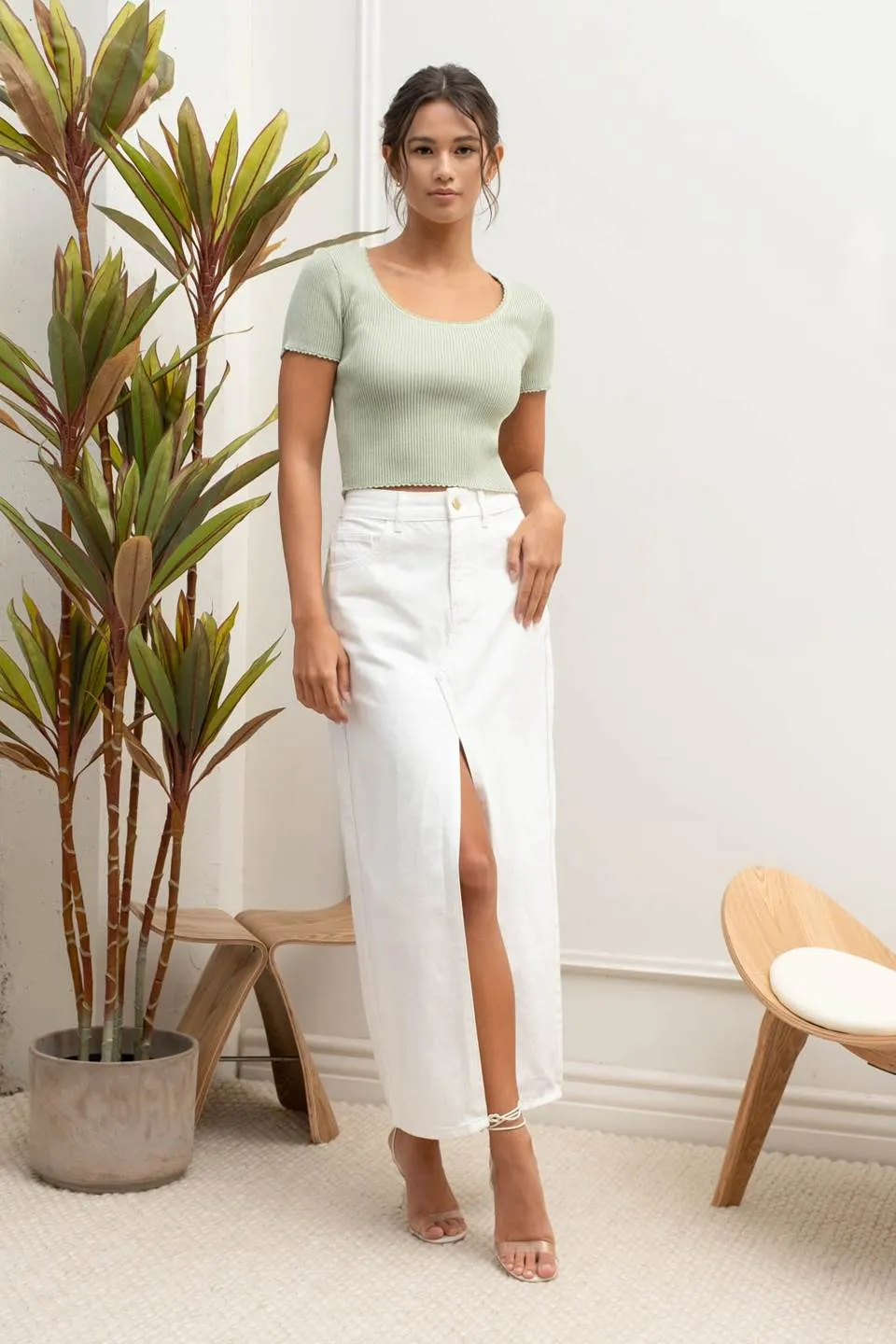 SCALLOP TRIM SHORT SLEEVE SWEATER KNIT TOP