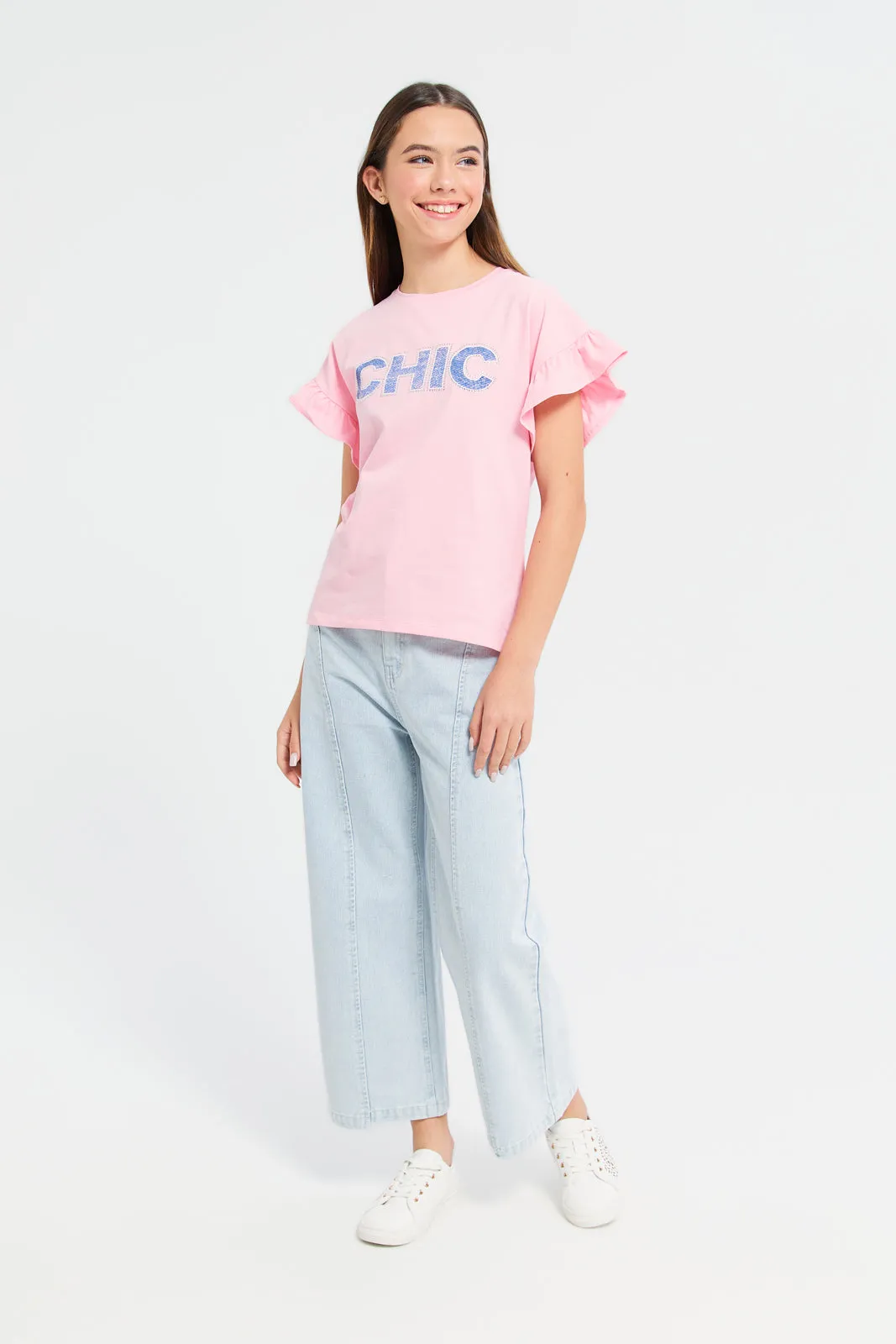 Senior Girls Pink Chic Ruffled Sleeve Top