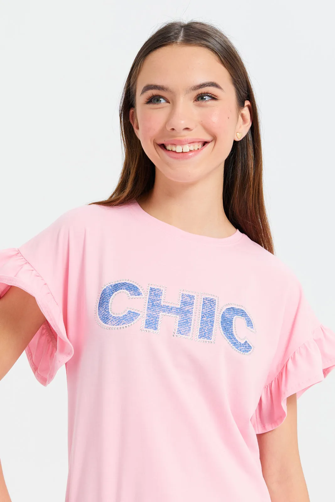 Senior Girls Pink Chic Ruffled Sleeve Top