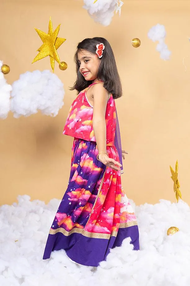 Sky Is A Miracle Pink Panelled Lehenga and Halter Neck Blouse Set for Girls