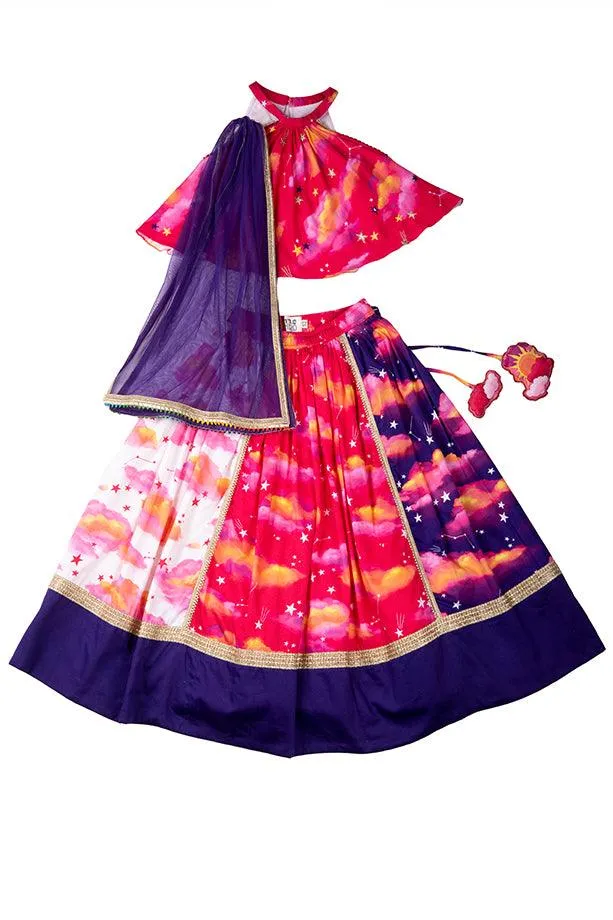 Sky Is A Miracle Pink Panelled Lehenga and Halter Neck Blouse Set for Girls