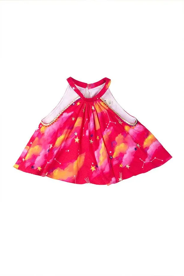 Sky Is A Miracle Pink Panelled Lehenga and Halter Neck Blouse Set for Girls