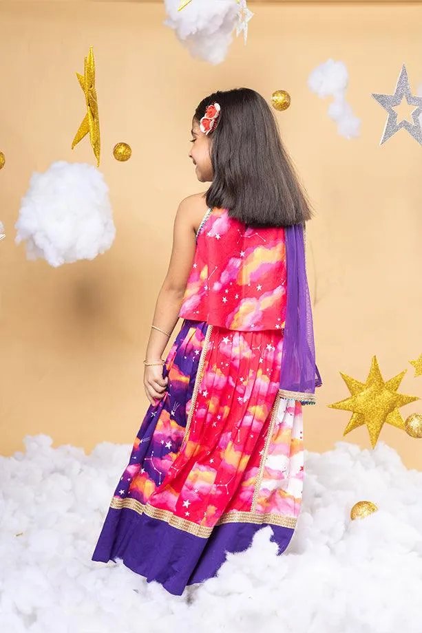 Sky Is A Miracle Pink Panelled Lehenga and Halter Neck Blouse Set for Girls
