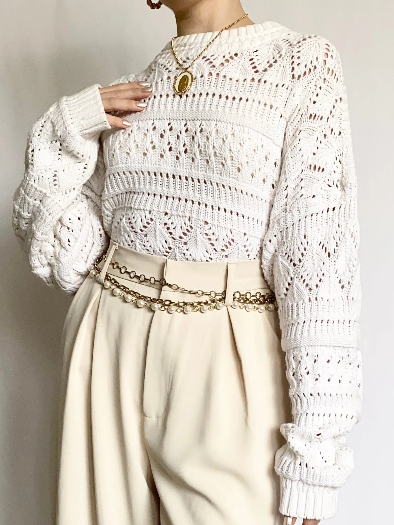 Snowfall Knit Pointelle 1980s Sweater (M)