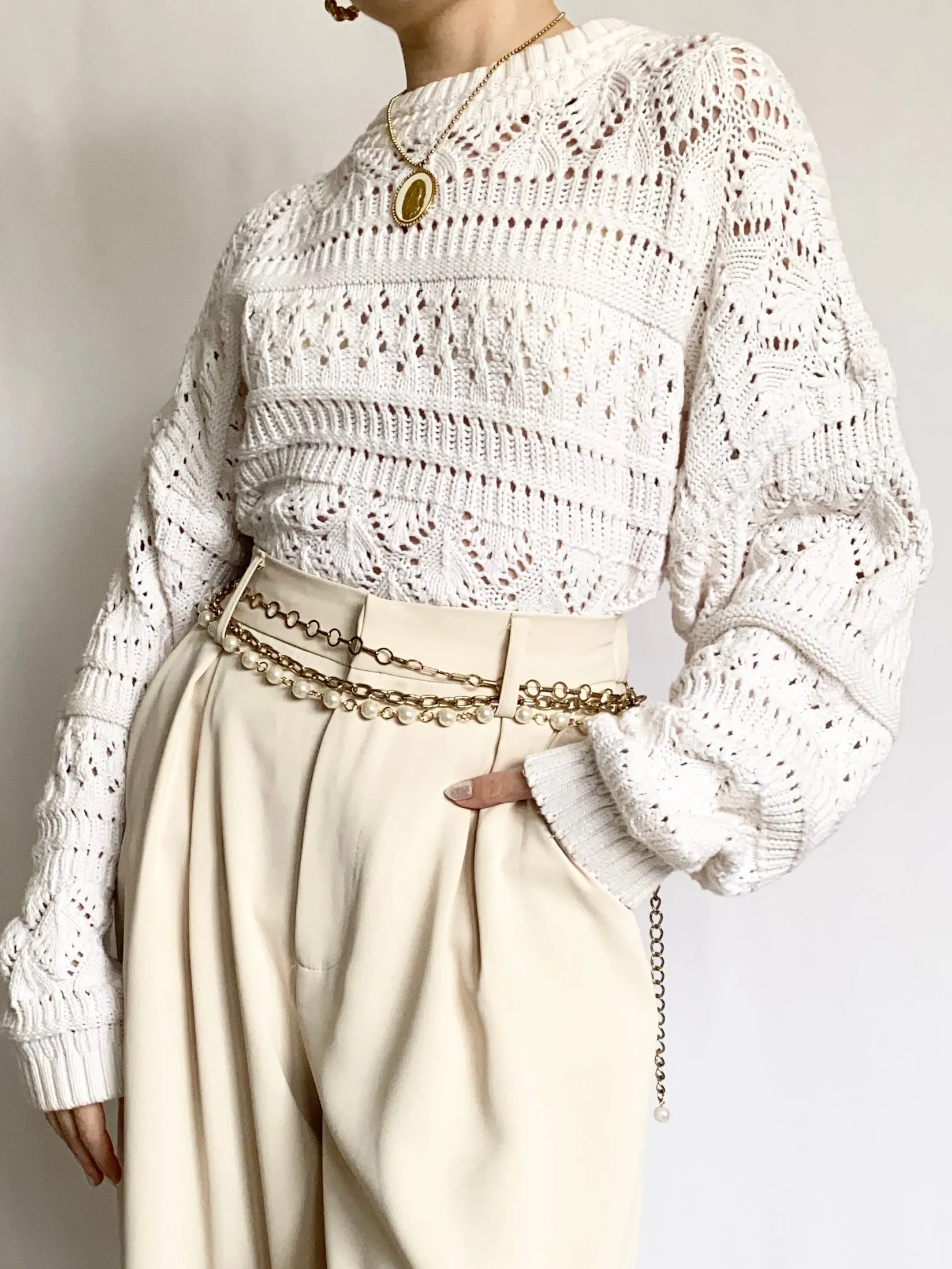 Snowfall Knit Pointelle 1980s Sweater (M)