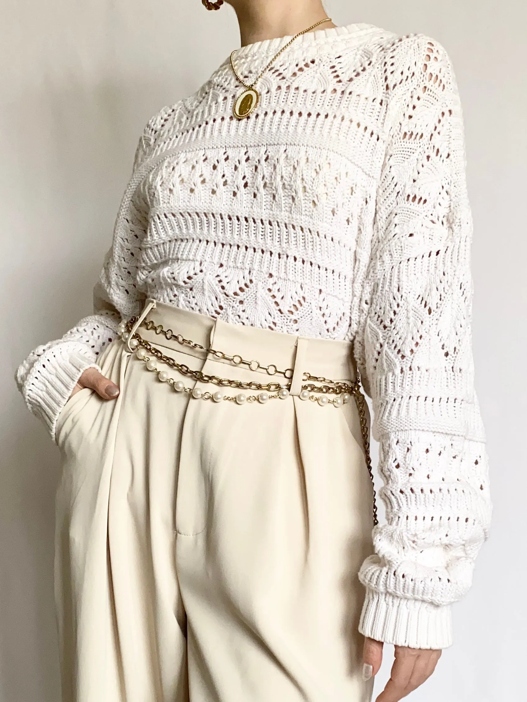 Snowfall Knit Pointelle 1980s Sweater (M)