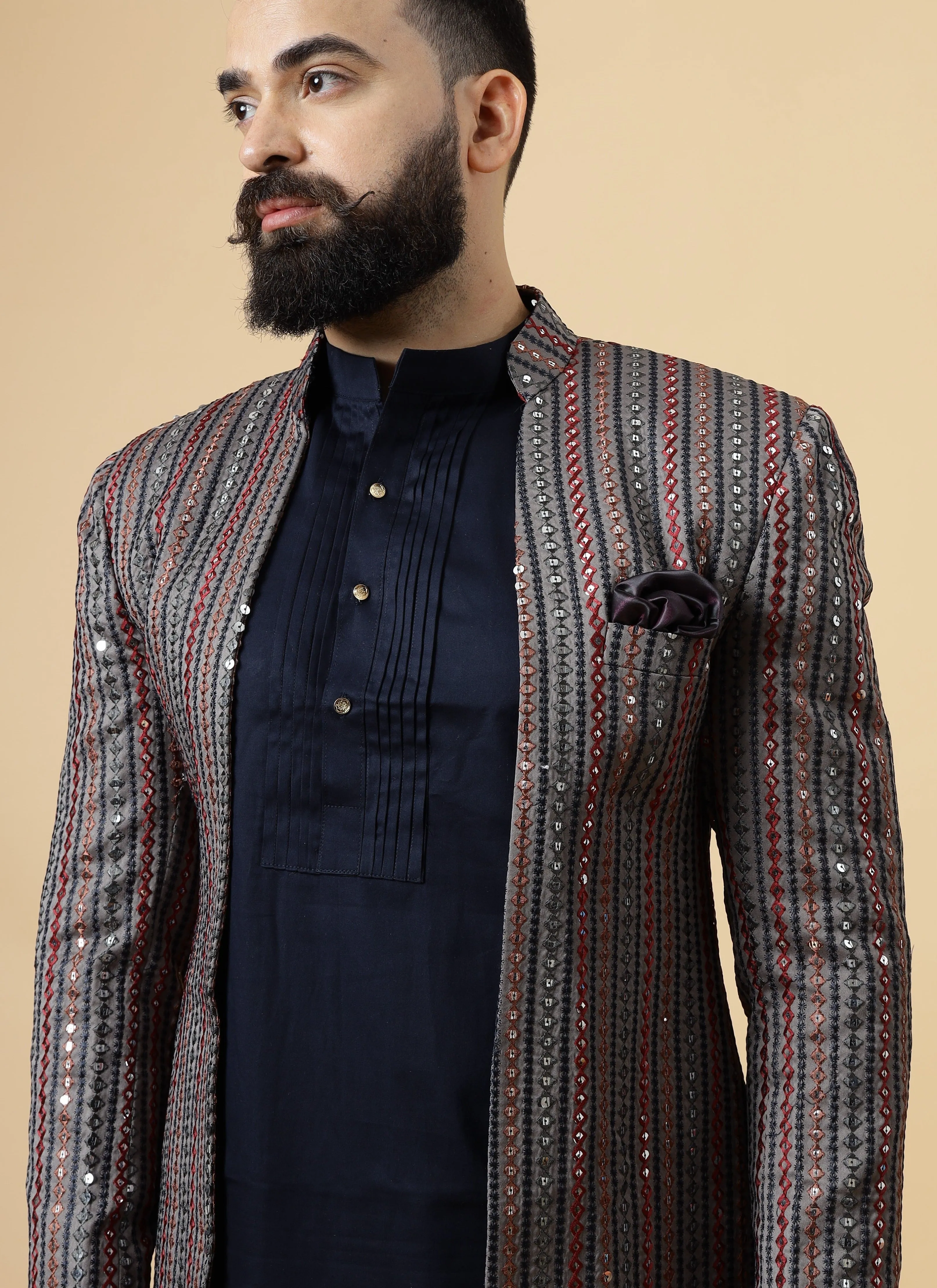 Stunning Mirror Embroidered Grey Open Sherwani with Navy Blue Kurta Pajama for Men | Father Son Combo | Navy Blue Color |Grey Sherwani | Perfect for Grooms
