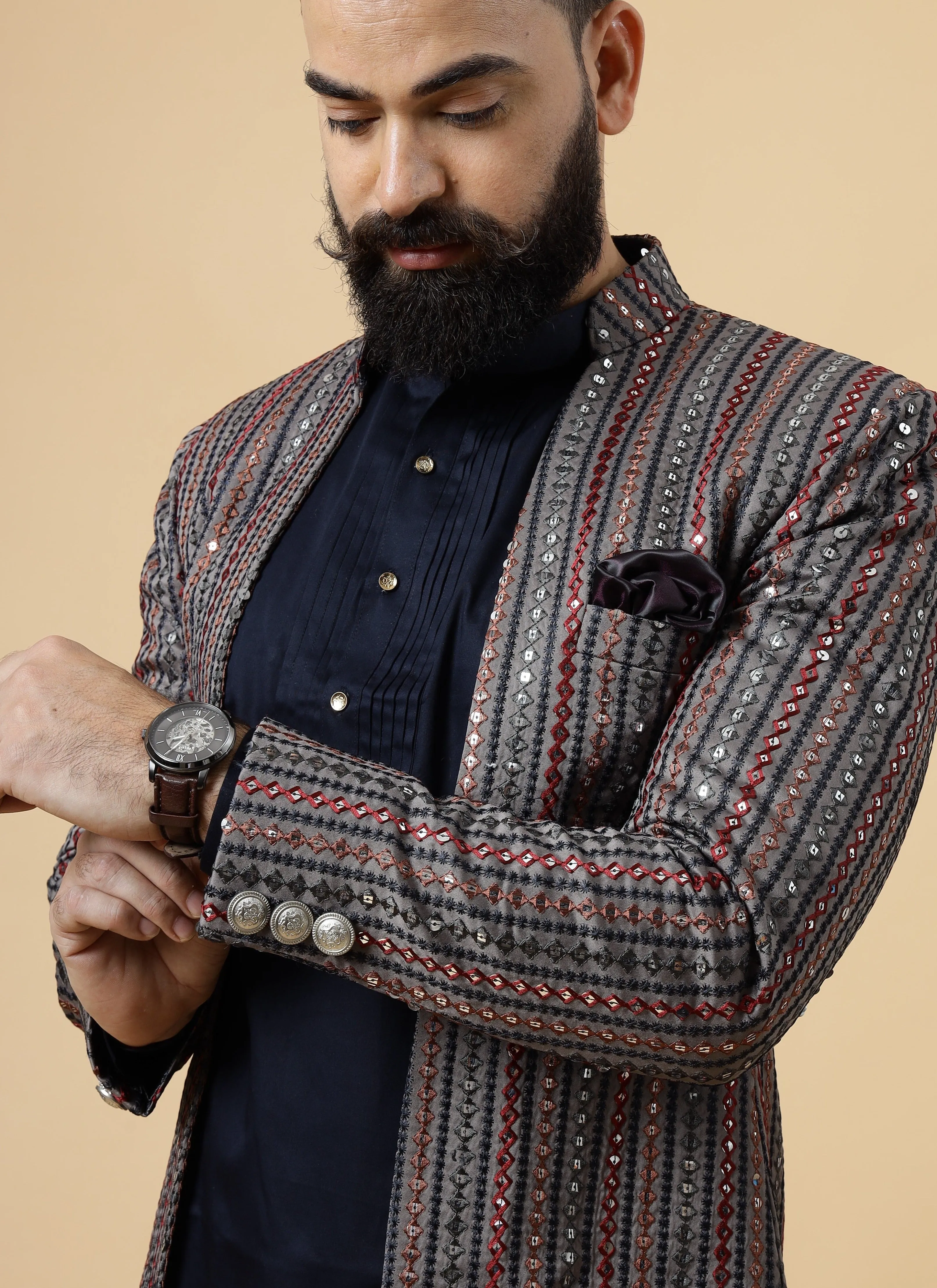 Stunning Mirror Embroidered Grey Open Sherwani with Navy Blue Kurta Pajama for Men | Father Son Combo | Navy Blue Color |Grey Sherwani | Perfect for Grooms