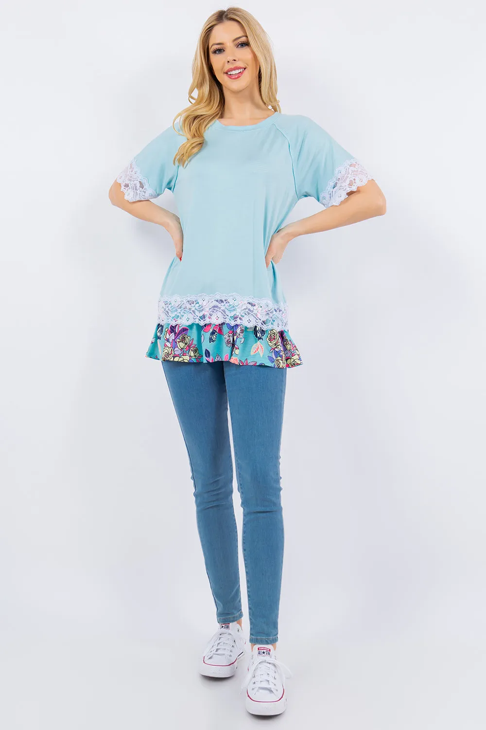 Tunic Top With Lace And Print Detail - Azure/Floral