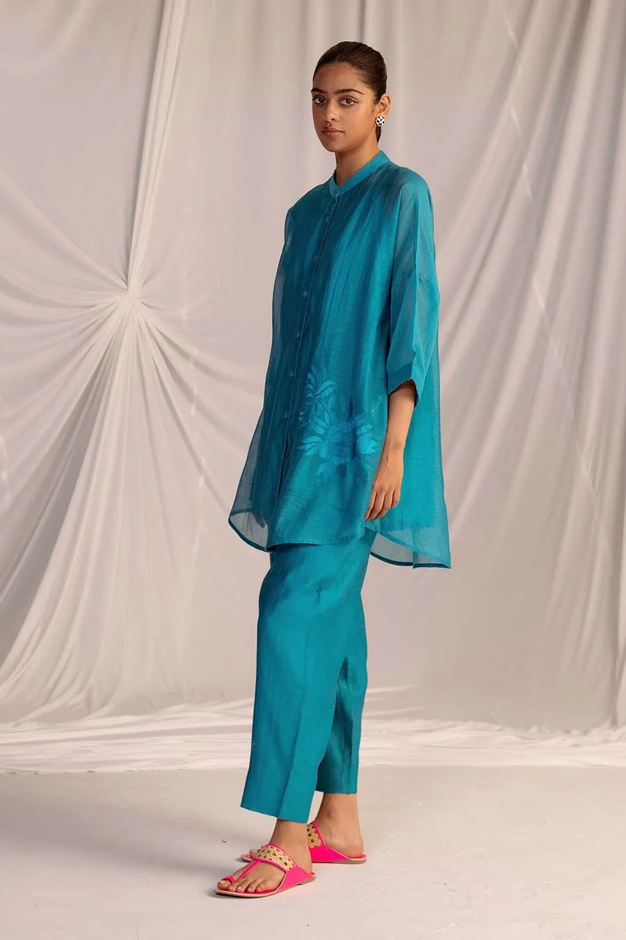 Turquois Blue Embroidered Tunic & Pant Set