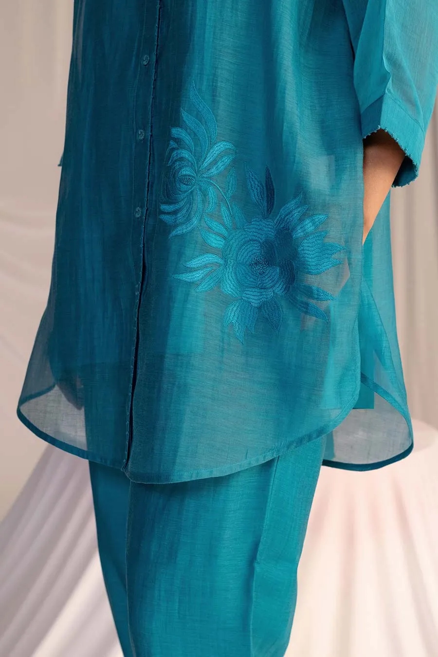Turquois Blue Embroidered Tunic & Pant Set