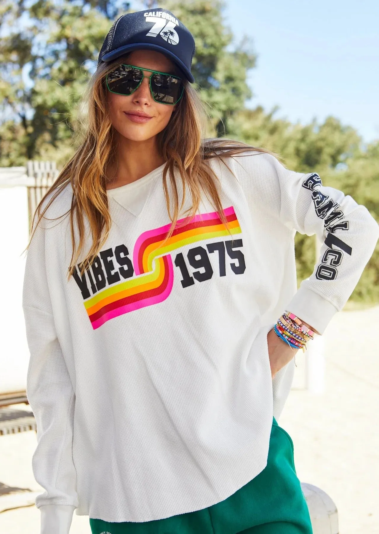 Vibes Long Sleeve Waffle Top White