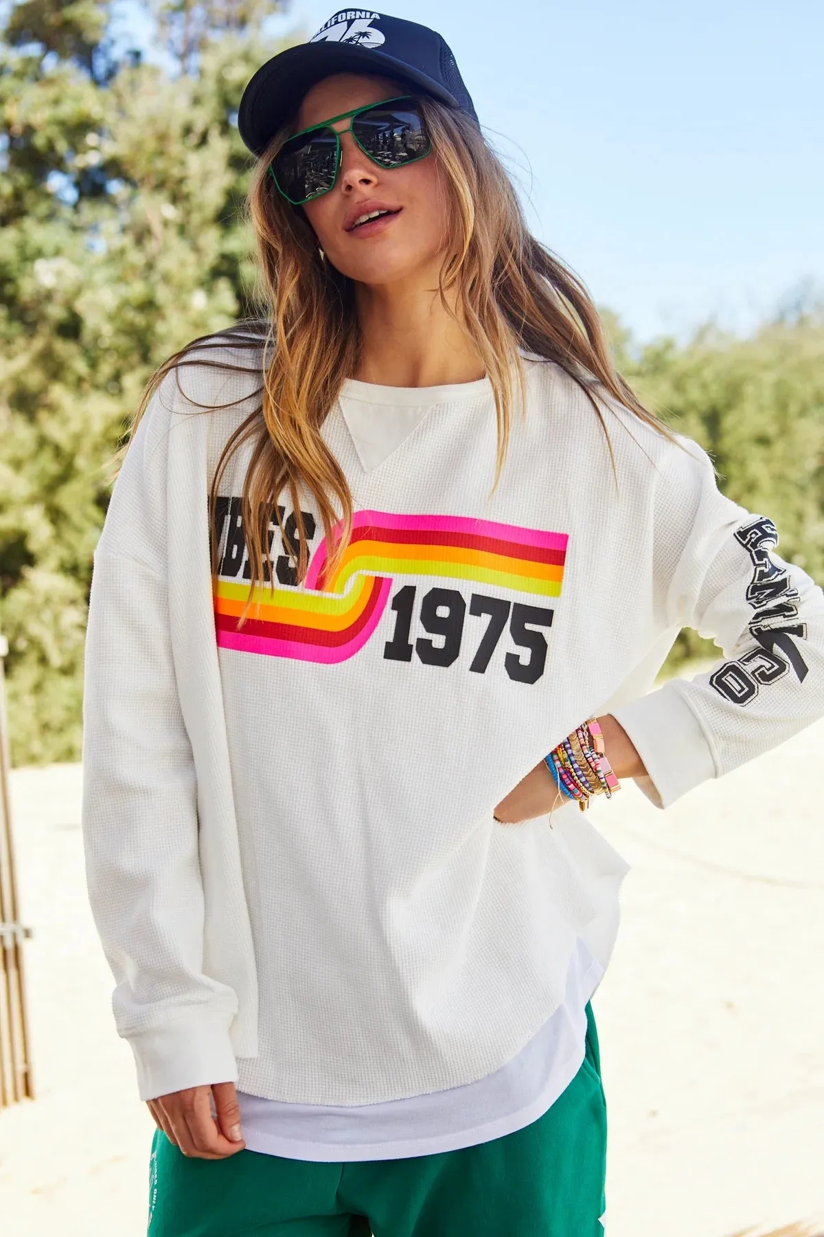 Vibes Long Sleeve Waffle Top White