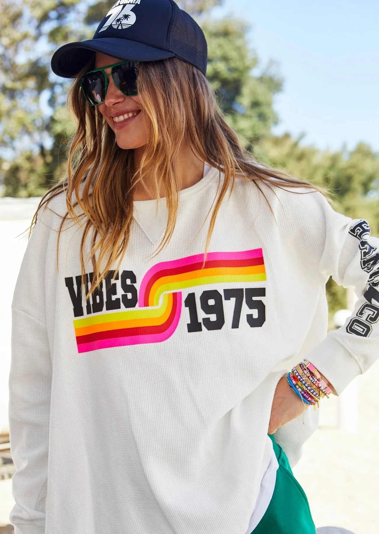 Vibes Long Sleeve Waffle Top White