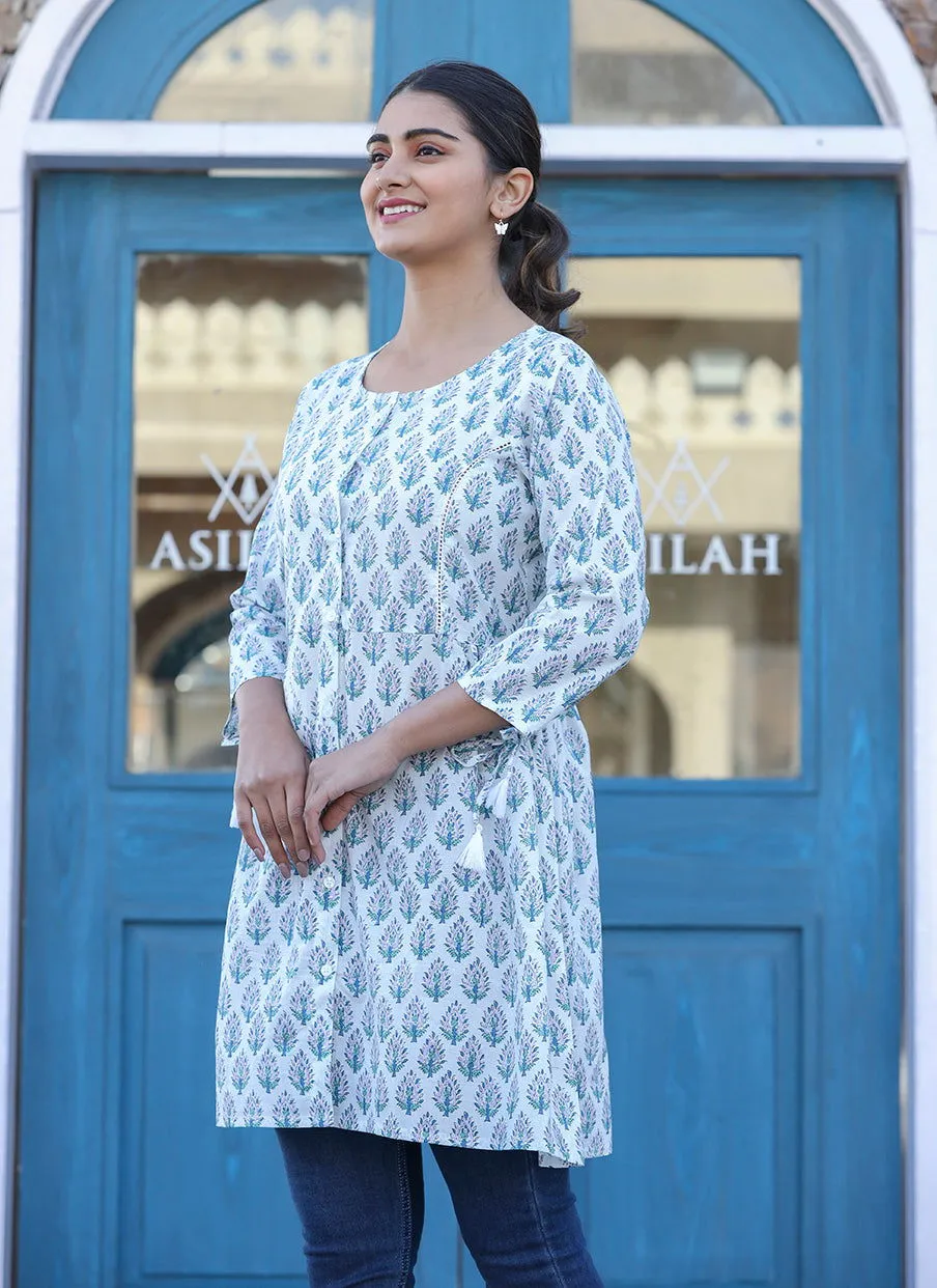 White Printed Cotton Shirt Style Tunic Top (pack of 1)