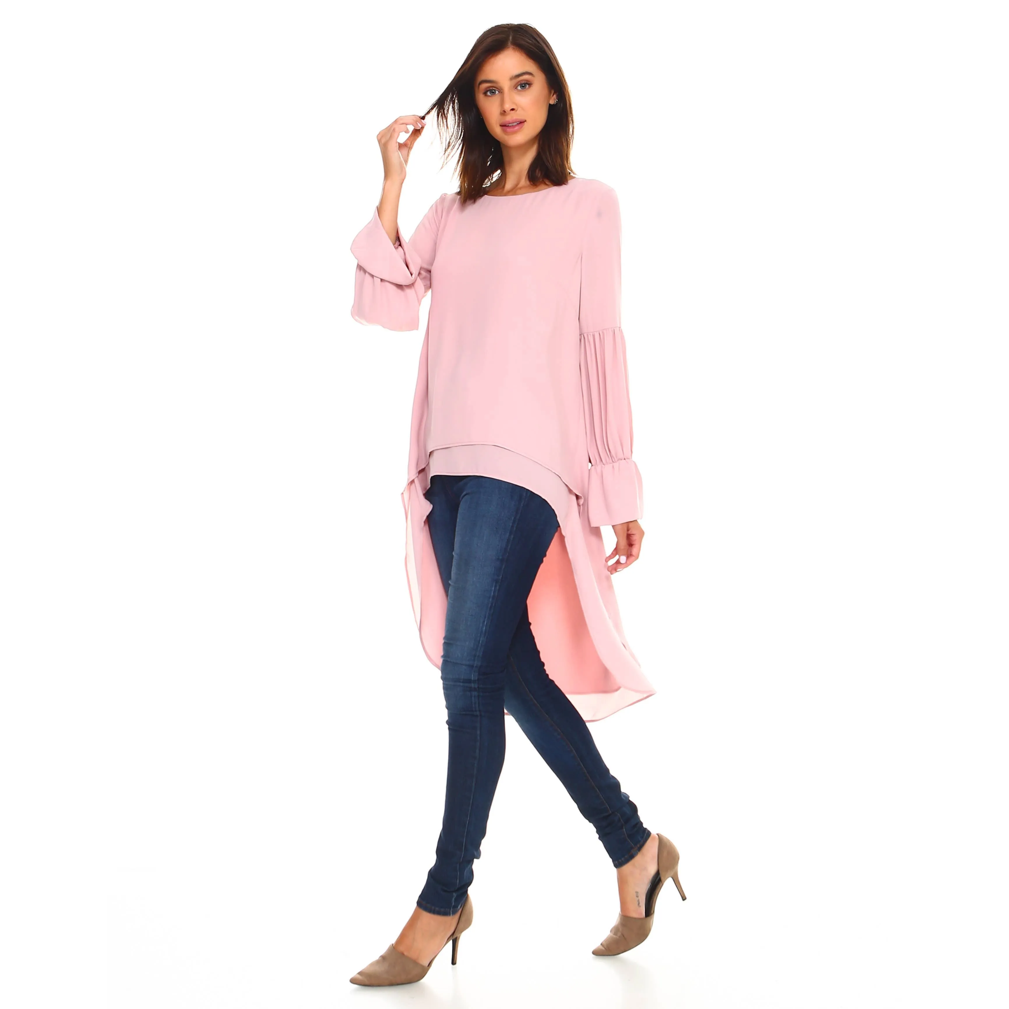 Wilma, Long Sleeve Woven HI Low Tunic Top