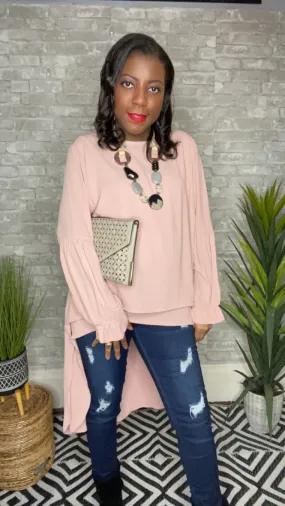 Wilma, Long Sleeve Woven HI Low Tunic Top