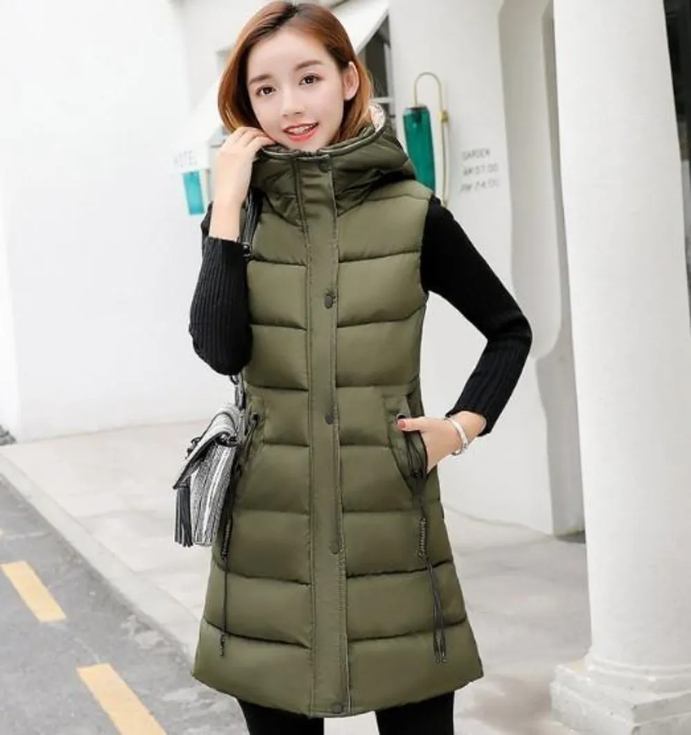 Womens High Collar Hooded Puffer Winter Vest in Red