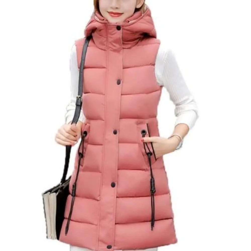 Womens High Collar Hooded Puffer Winter Vest in Red