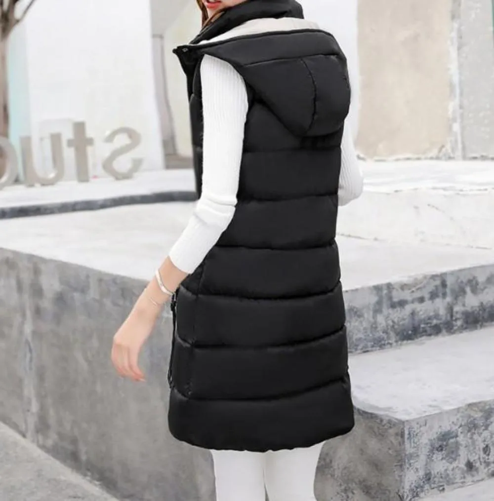 Womens High Collar Hooded Puffer Winter Vest in Red