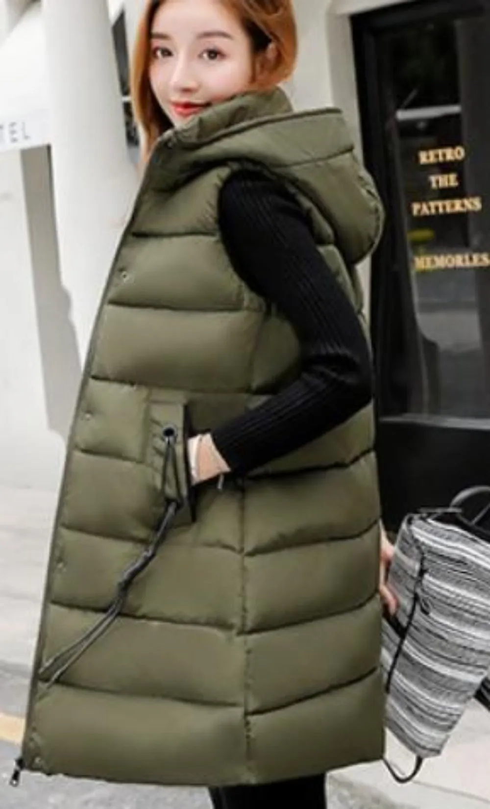 Womens High Collar Hooded Puffer Winter Vest in Red